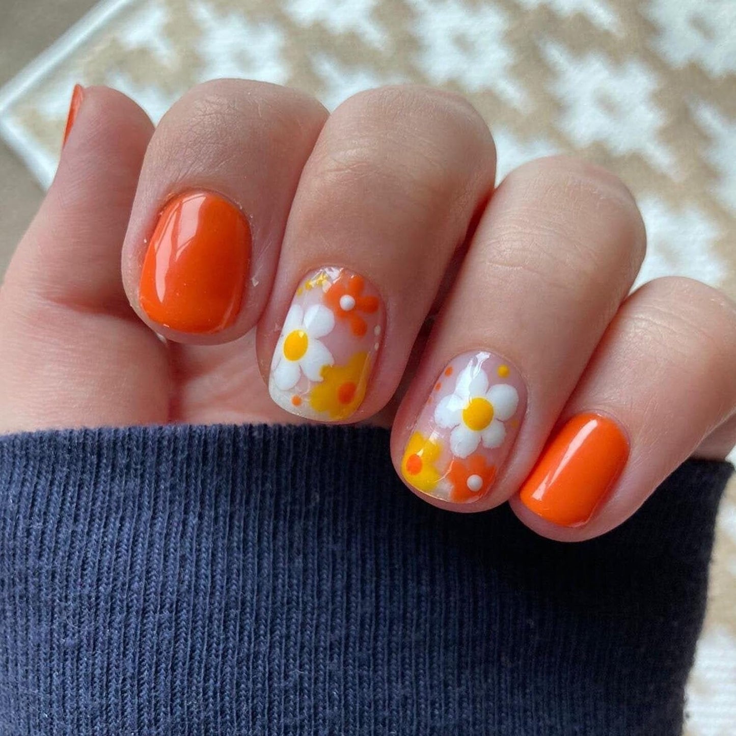 Yellow Press on Nails Short Square Fake Nails with Summer Flower Design False Nail Press ons White Glossy Glue on Nail Artificial Acrylic Manicure Set for Women 24Pcs