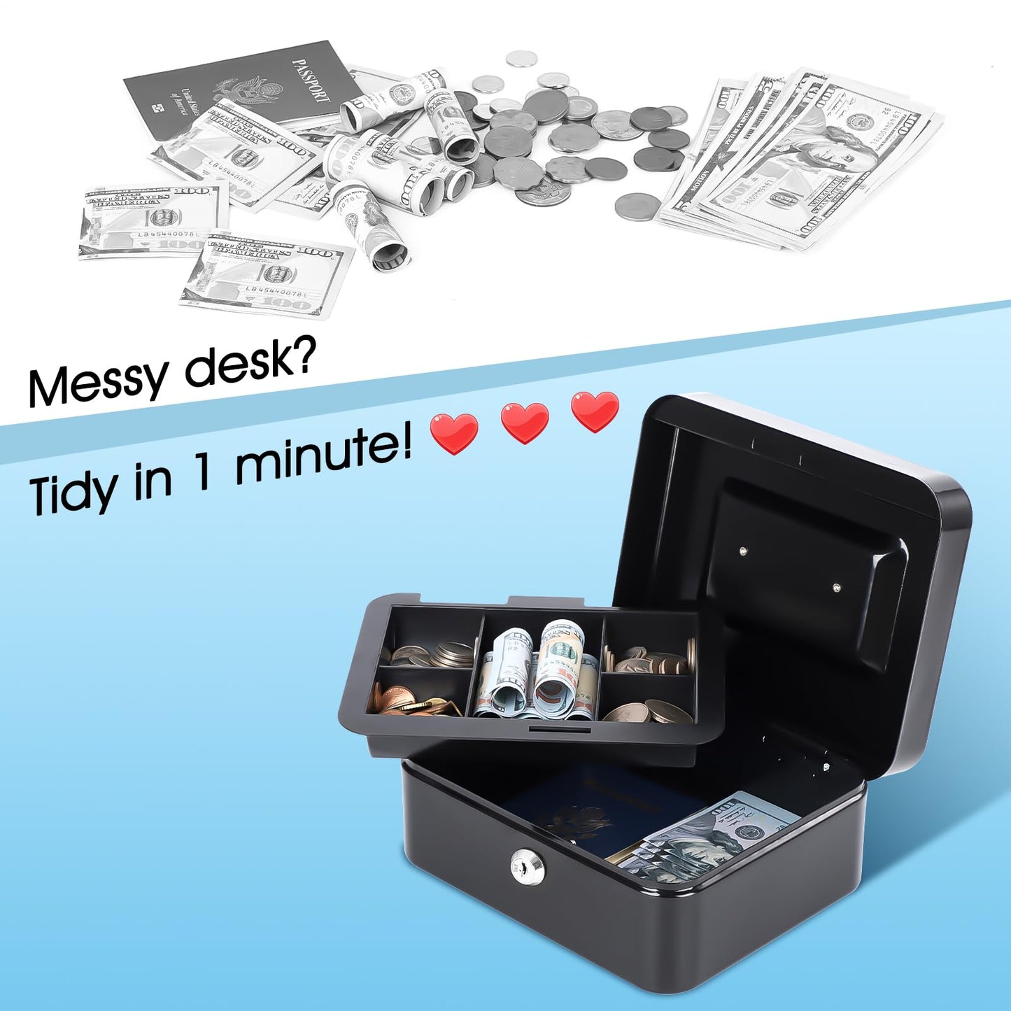 KYODOLED Medium Cash Box with Removable Money Tray, Key Lock Metal Storage Box with 2 Keys & Portable Handle, Safe Cash Drawer, 7.87"x 6.30"x 3.54", Black