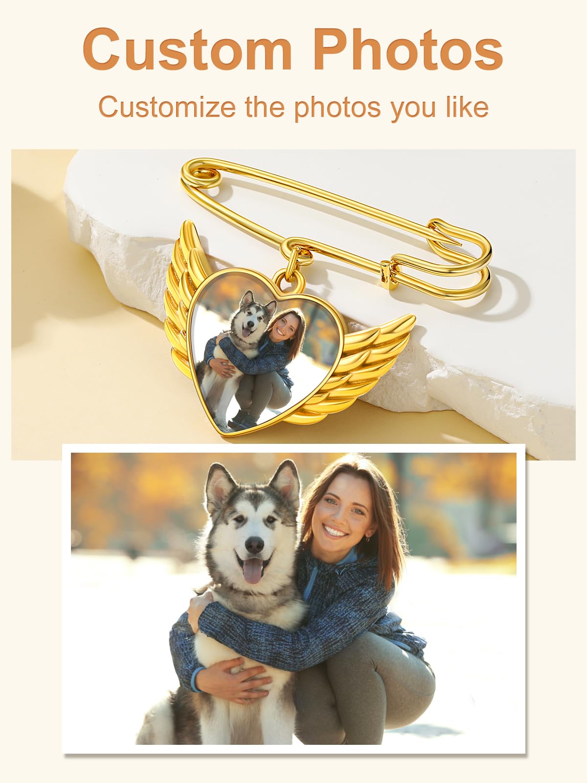 Custom4U Photo Brooch for Wedding Bouquet Angel Wing Pin with Picture Personalized for Groom(With Gift Box)