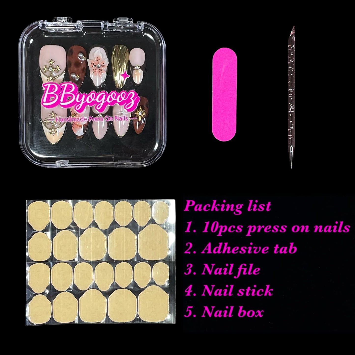 Handmade Press On Nails Medium Almond 10 Unique 3D Floral Designs Gold Filigree Crosses Caramel-Brown & Peach Blossoms | Reusable Acrylic False Nails for Women (Brown, S)