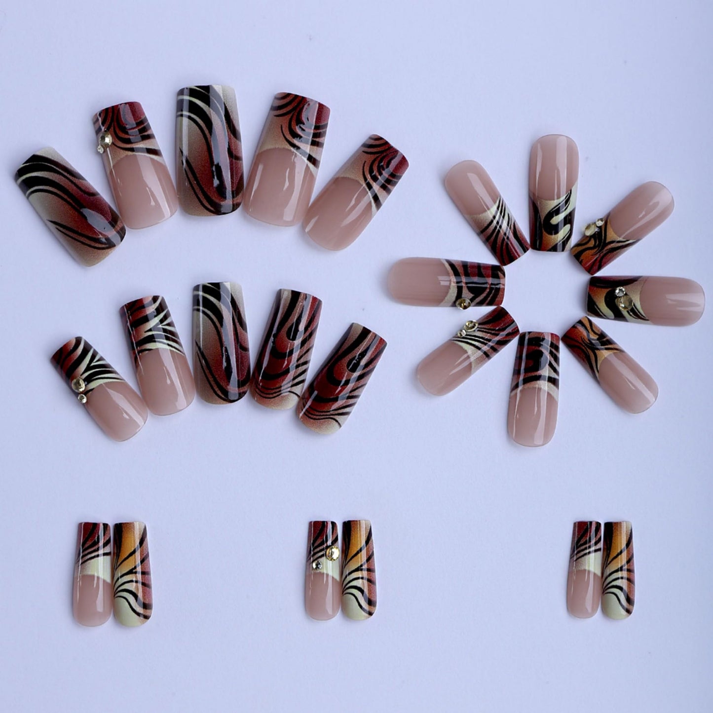 Square Press on Nails Medium Fake Nails Brown Acrylic Nail Press ons SEENEEY Tiger PrintDesigns Rhinestones Stick on Nail for Women 24pcs