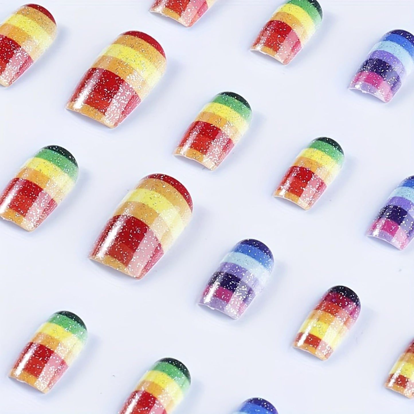 Rainbow Glitter Press on Nails Medium Square Fake Nails with Colorful Stripes Design Summer Glue on Nails Glossy Holiday False Nails Reusable Full Cover Stick on Nails for Women 24Pcs