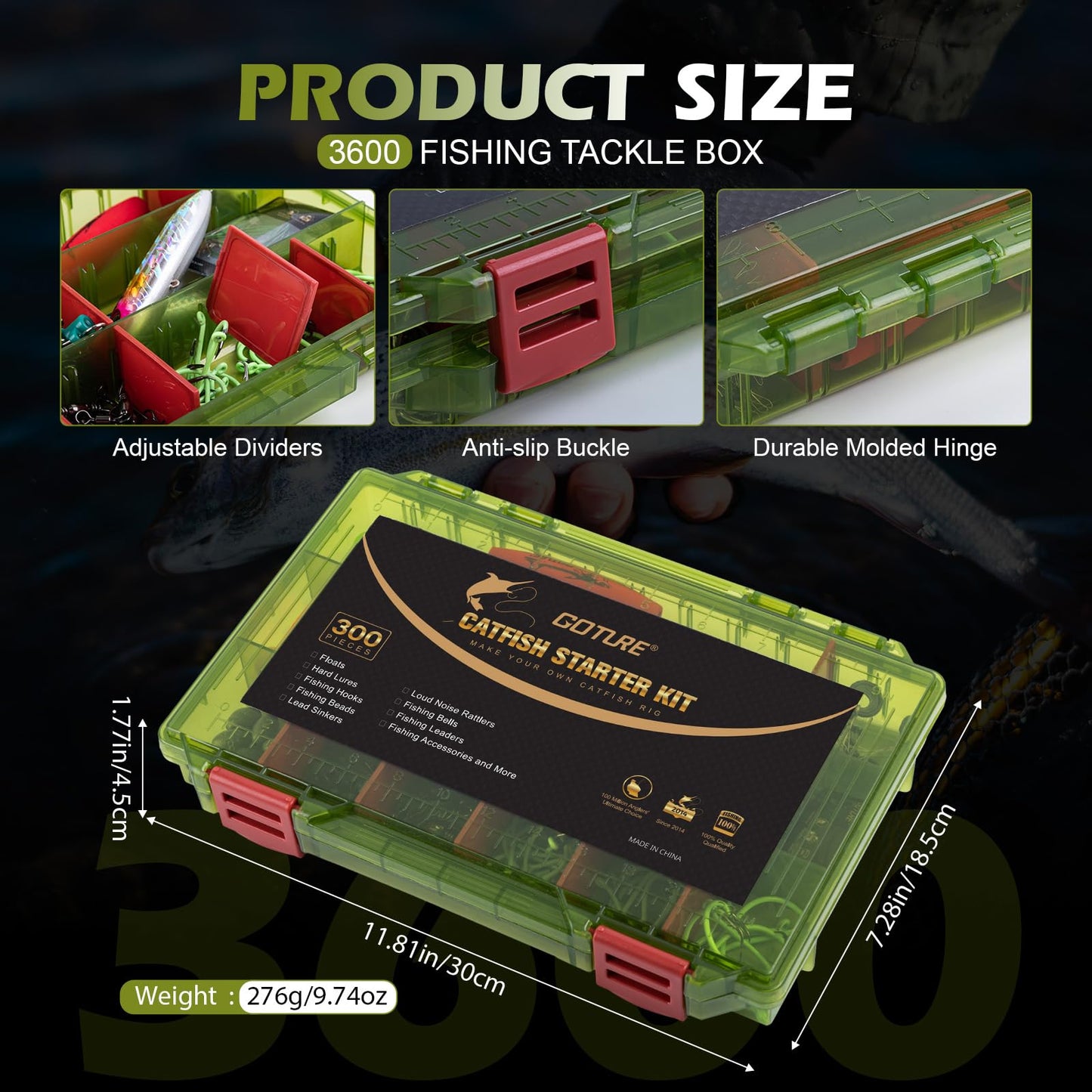 Goture Catfish Rig Making Kit,300pcs Catfishing Tackle with Luminous Fishing Hook Swivel Sinker Weights Rattle Float Bobber Stoppers,Catfish Rigs Accessories with 3600 Tackle Box,Gifts for Men