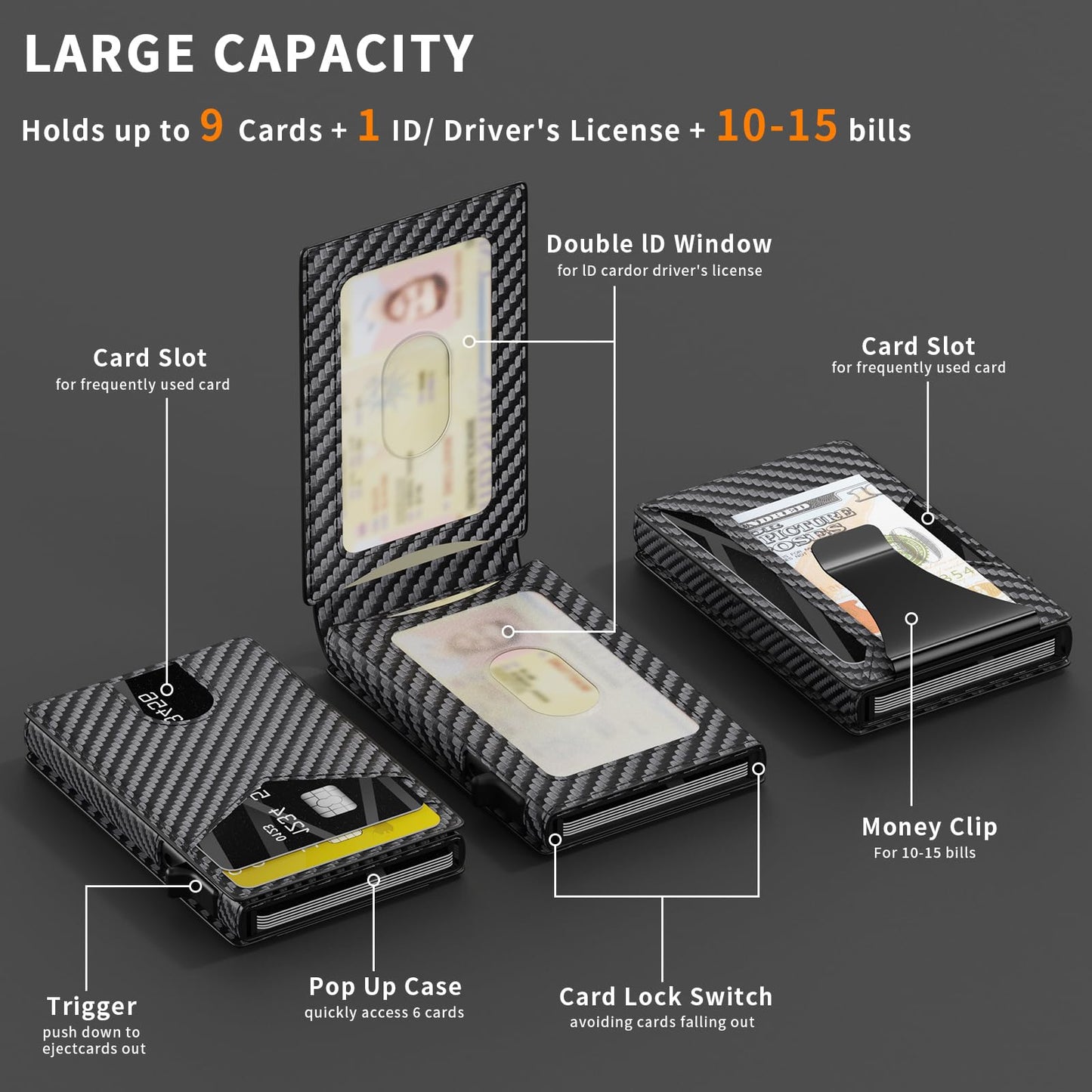 KISUEDZP Wallet for Men Aluminum RFID Blocking -Metal Smart Pop-Up Credit Card Holder with 2 ID Windows, Holds 8-10 Cards,Bifold Security Front Pocket Wallet & Money Clip,Men's accessories(Carbon)
