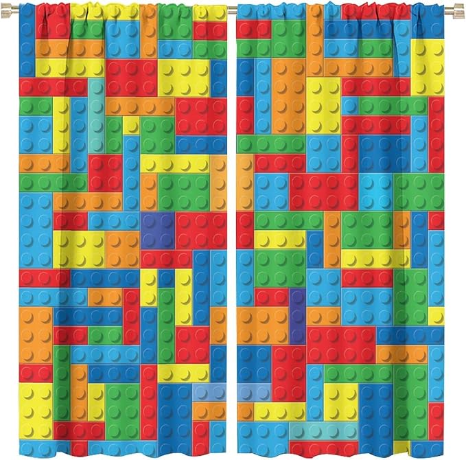 Colorful Building Block Toy Printed Curtains, Building Blocks, Curtains, Fun Brick 3D Design, Kids, Teens, Girls, Boys, Living Room, Bedroom, Window Treatment Panels, 2 Panels 52x84in