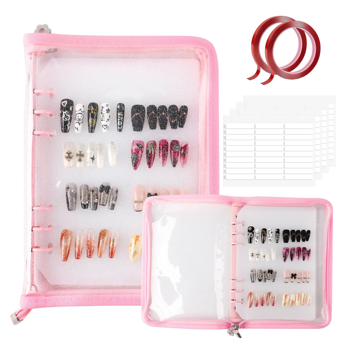 ASTONFOG Press on Nail Organizer Binder Book, 8 A5-Sized Insert Pages & Double Sized Tape, Press on Nails Display Storage Book, Reusable Fake Nail Swatch Collecting Book (Pink)