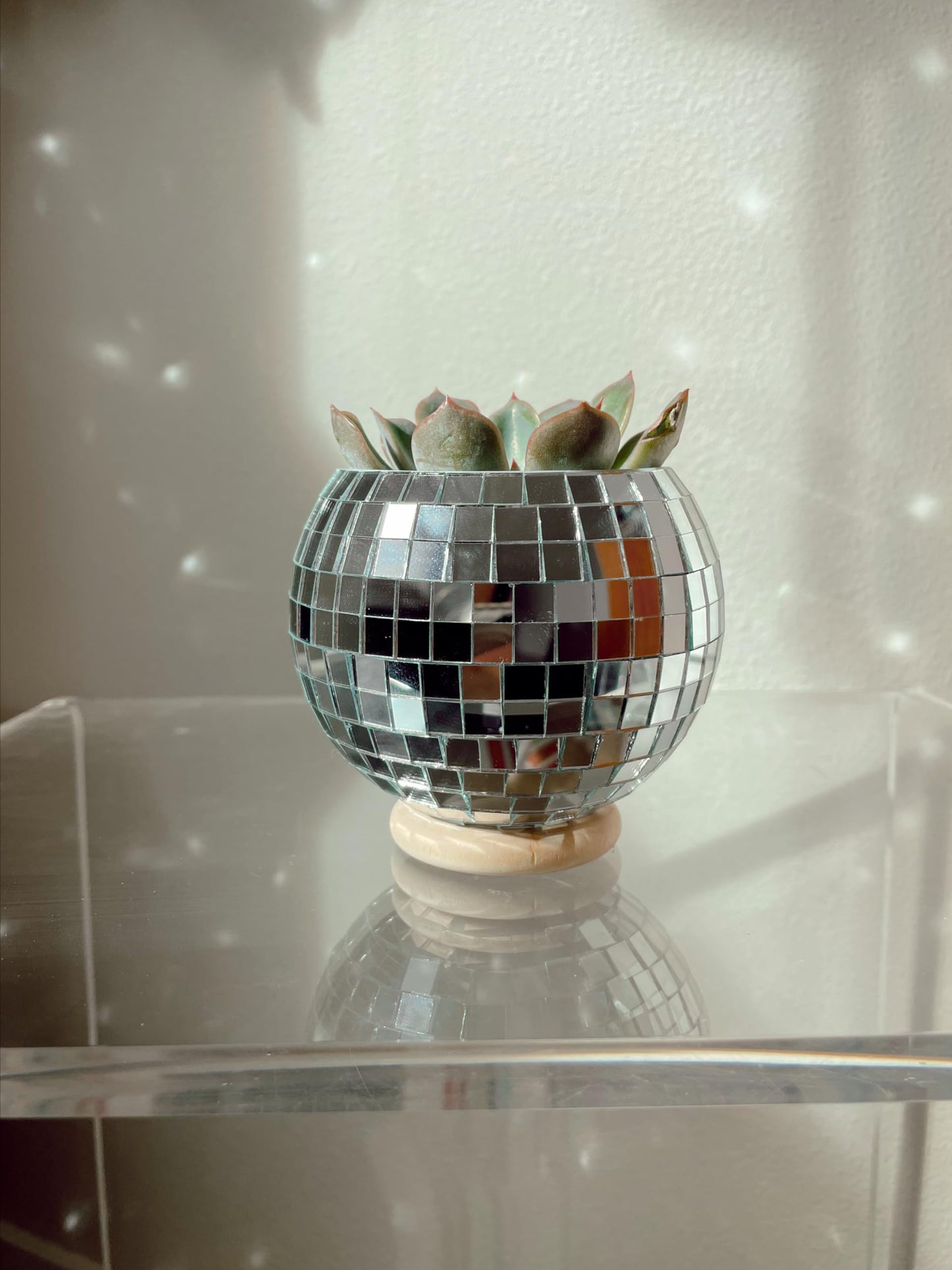 Havenstone Home Hanging Disco Ball Planter 8" - with Acrylic Stand and Macrame Plant Hanger - Home Décor, Room Décor, Patio or Boho Décor, Mirror Disco Planter, Disco Decor (4" Mini with Base)