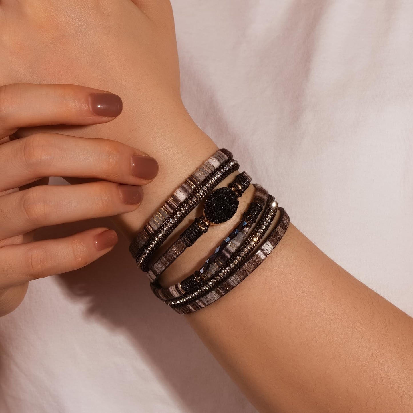 FANCY SHINY Boho Leather Wrap Bracelet Stackable Chunky Crystal Cuff Bracelets with Magnetic Clasp Cowboy Cowgirl Western Summer Beach Outfits Jewelry Gifts for Women (14.7", Boho Black)