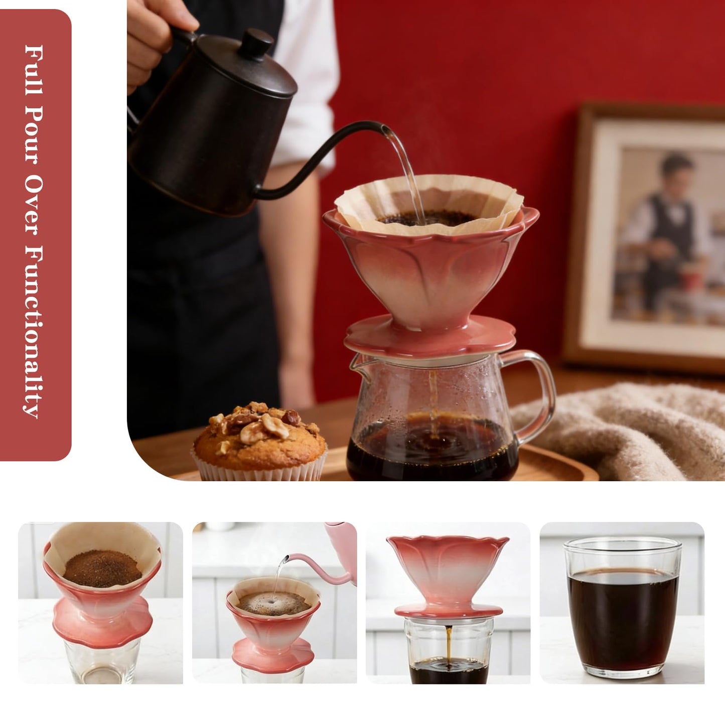 DHSUN Premium Ceramic Pour Over Coffee Dripper，Includes 40pcs Coffee Filter Papers, suitable for home and travel, Flower Petal Dripper（Gradient Red）