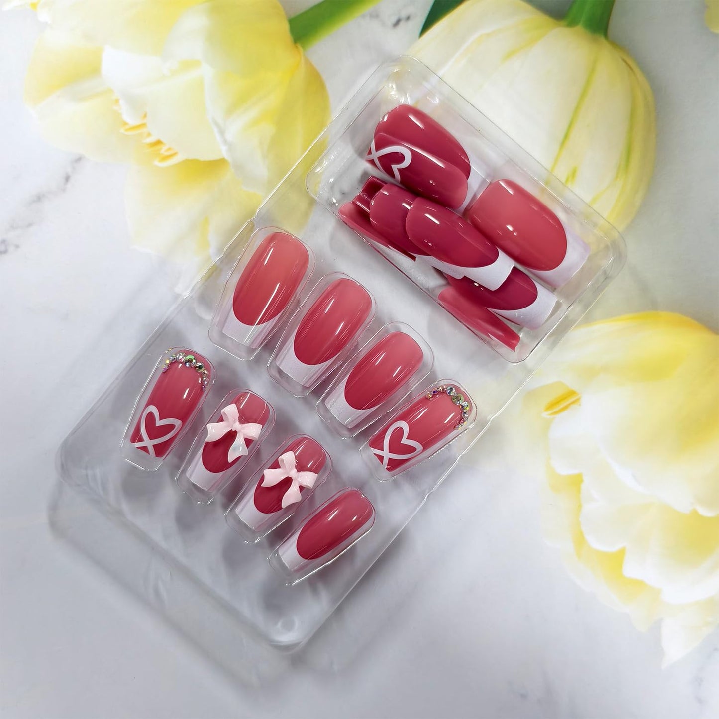 Heart Press on Nails Medium Square Artificial Acrylic French White Fake Nails 3D Bow with Translucent Love Full Cover Glossy Rhinestones Valentines Artificial Fingernails Stick on Nail for Festival