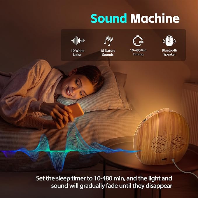 Geuuap Sunrise Alarm Clock, Noise Sound Machine Night Light, Wood Grain | 25 Soothing Sounds, 17 Dimmable lights, Dual Independent Alarms, Unlimited Snooze, Bluetooth Speaker, Backup Battery Memory