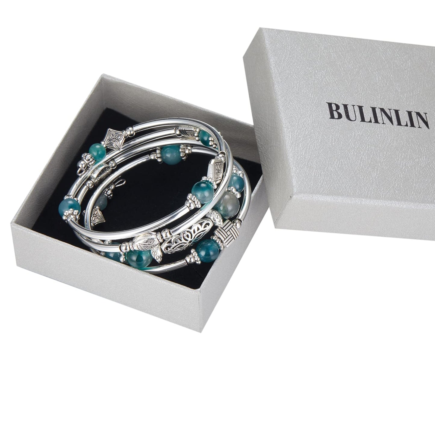 BULINLIN Layered Wrap Bangle Turquoise Bracelet - Bead Bracelet with Natural Agate Stone, Gifts For Women (03-Jade Green)