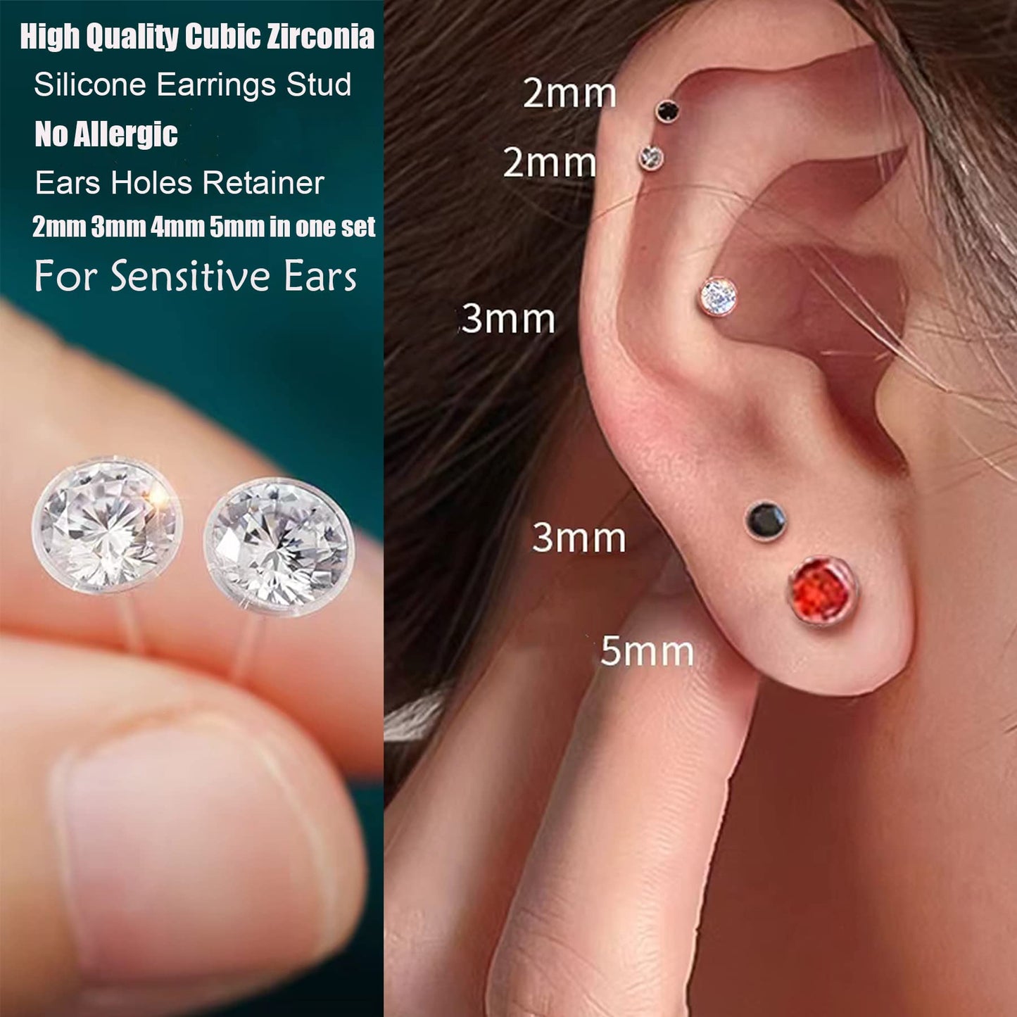 Anti Allergy Hypoallergenic Plastic Stud Earrings Set, 8 Pairs with Silicone Backs, 2-5mm Cubic Zirconia for Sensitive Ears (Clear)