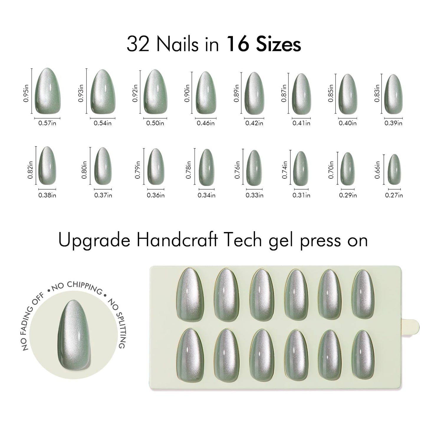 VSALON Press on Nails Medium Almond - Green Cat Eye and Solid Black Glue on Nails, Reusable Soft Gel Fake Nails - 2 Set of 32 PCS