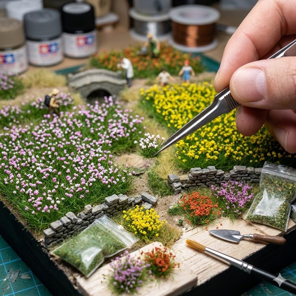 BraneGo Miniature Grass Tufts with Flowers, 4-Color Hand Torn Flower Clusters for Diorama, Model Train Scenery N & HO Scale, Wargaming Bases and Architectural Landscaping