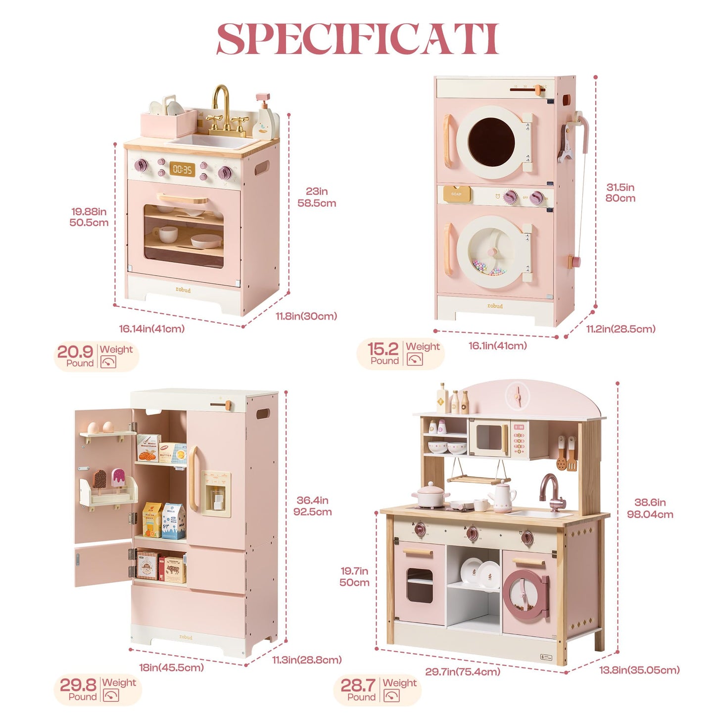 ROBUD Wooden Play Kitchen, Kids Kitchen Playset, Toy Kitchen Set with Fridge, Washing Machine, Dishwasher Toddlers Kitchen Playset Gift for Boys & Girls, Age 3+ (Pink)