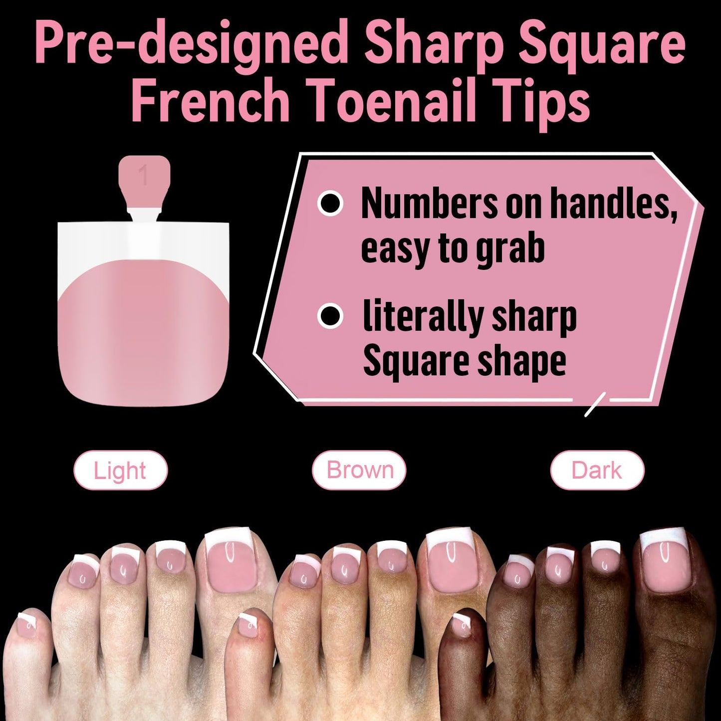 EBANKU French Tips Toe Press On Nails, 300 Pcs Sharp Square Pre-applied Primer & Base Coat Toe Nail Press Ons Light Pink Full Cover Fake Tips Extension, 15 Sizes