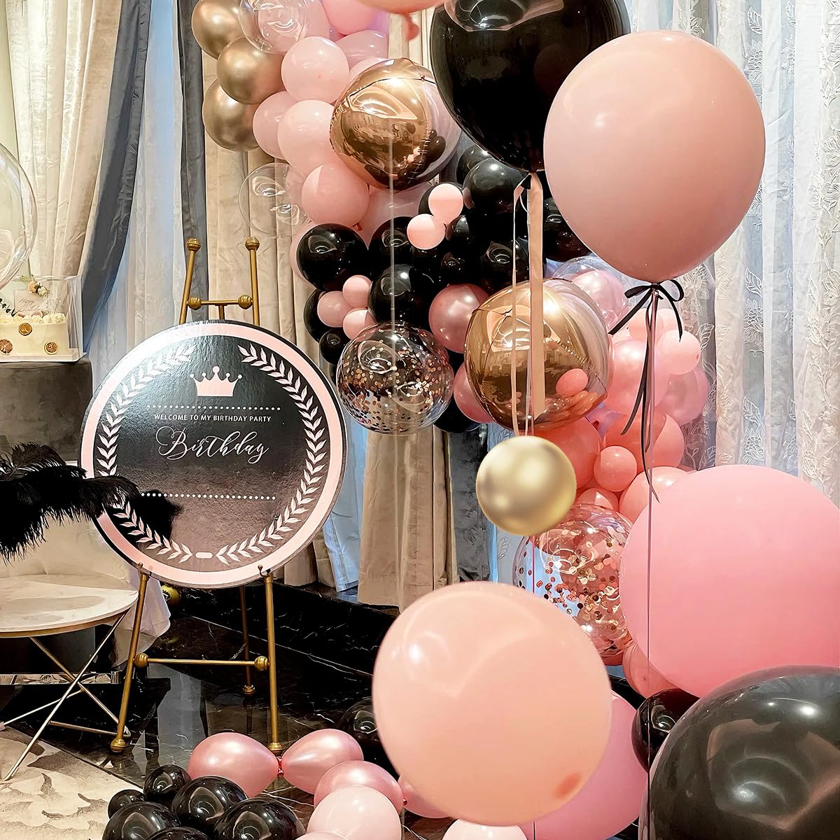 MEBAY Black Pink and Gold Balloon Garland Arch Kit, 156 Pastel Pink Matte Black Metallic Gold Balloons for Women Girls Party Birthday Wedding Bridal Shower Bachelorette Anniversary Graduations