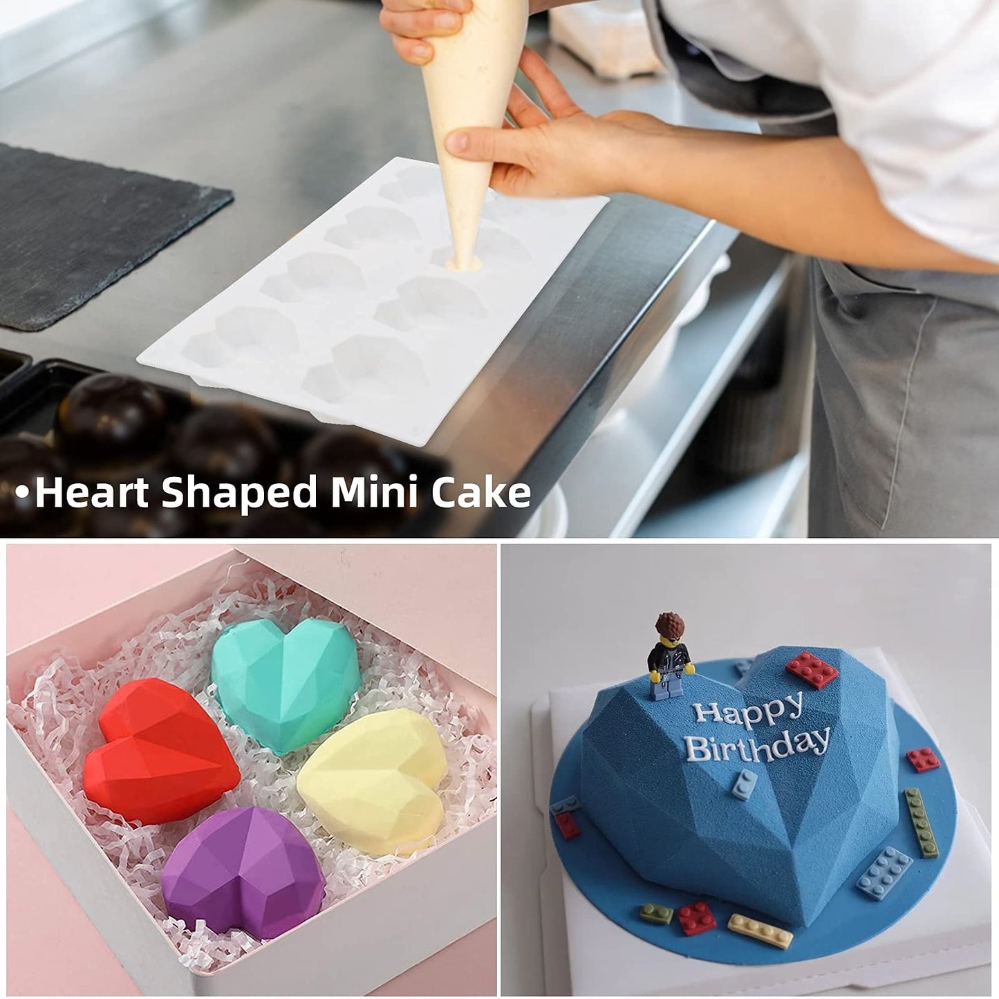 Heart Shaped Chocolate Mold Set Includes Round Cylinder Candy Mold,Cavities Heart Mold,Piping bag,Wood Hammer,Chocolate Bomb Mold,Diamond Mousse Cake Mold Tray