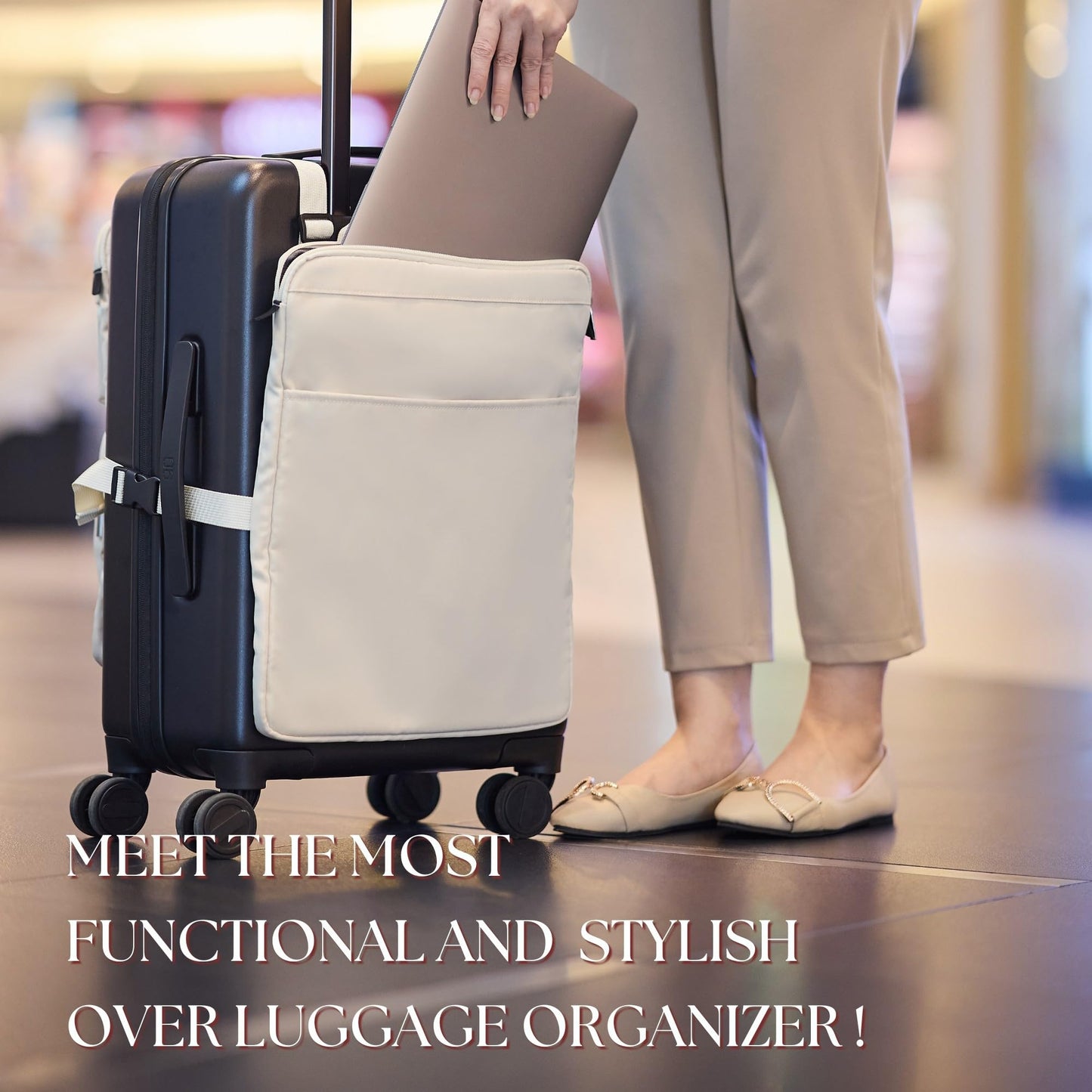 BAREFOOT CARIBOU Over Luggage Organizer for Carry On Bag or Suitcase with Storage Pockets, 16” Laptop Sleeve with Handle, Travel Accessories Bag Slide On Luggage Harness with Adjustable Straps (Ivory)
