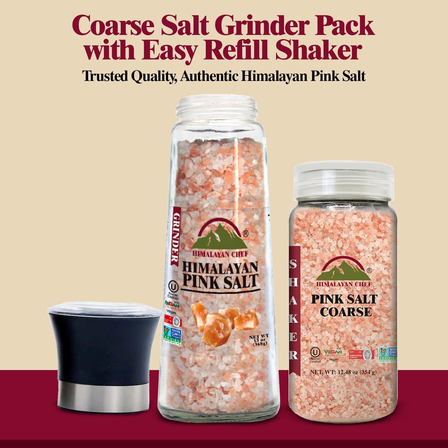 Himalayan Chef Himalayan Pink Salt Grinder & Pink Salt Shaker Refill Adjustable Grinder - Salt Mill and Salt Shaker | Set of 2