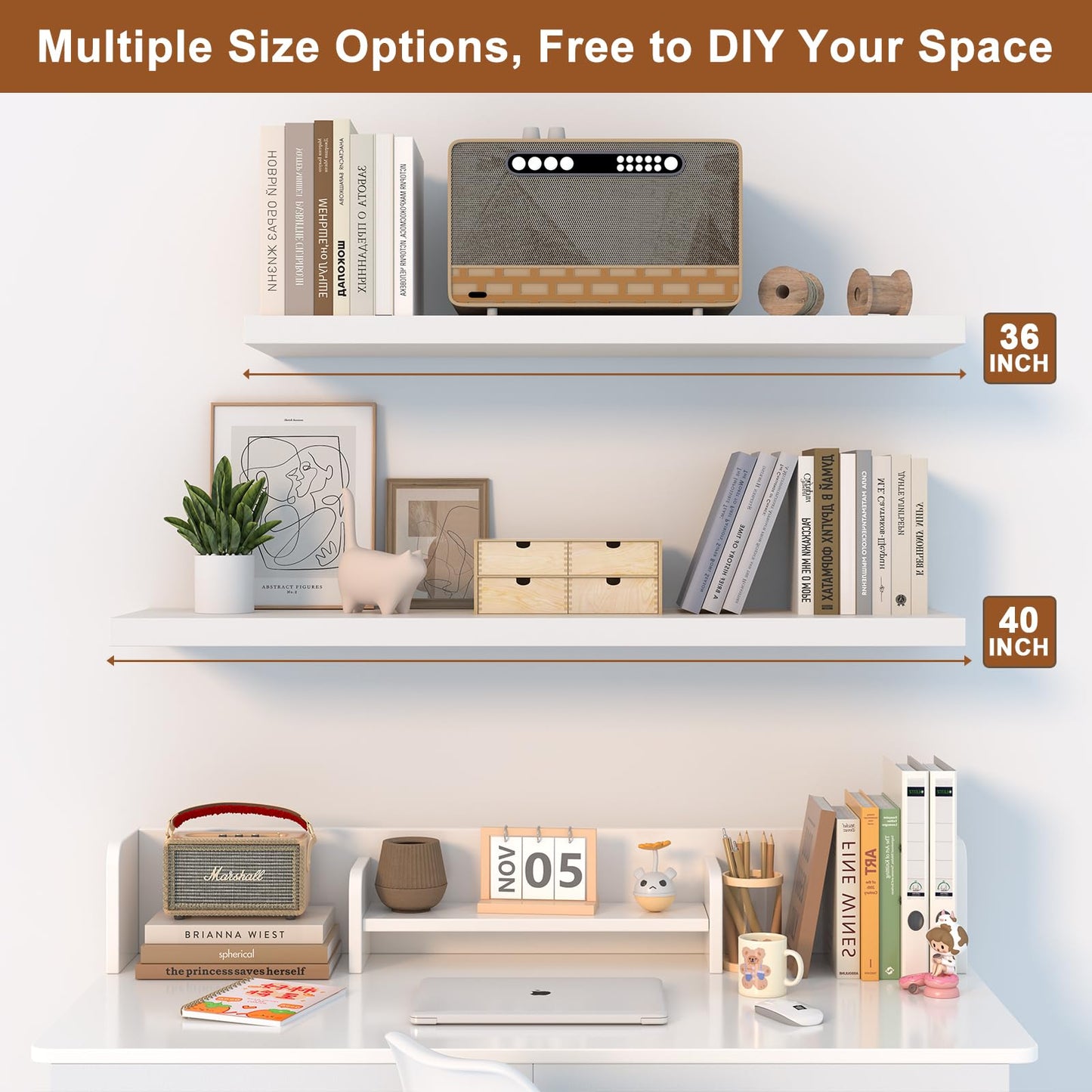 Landmok 40 Inch Floating Shelf 1 Pack Large Floating Shelves for Wall No Drilling Accessories Included Deep Wall Shelves for Living Room Kitchen Farmhouse 40" W x 12" D x 1.2" White
