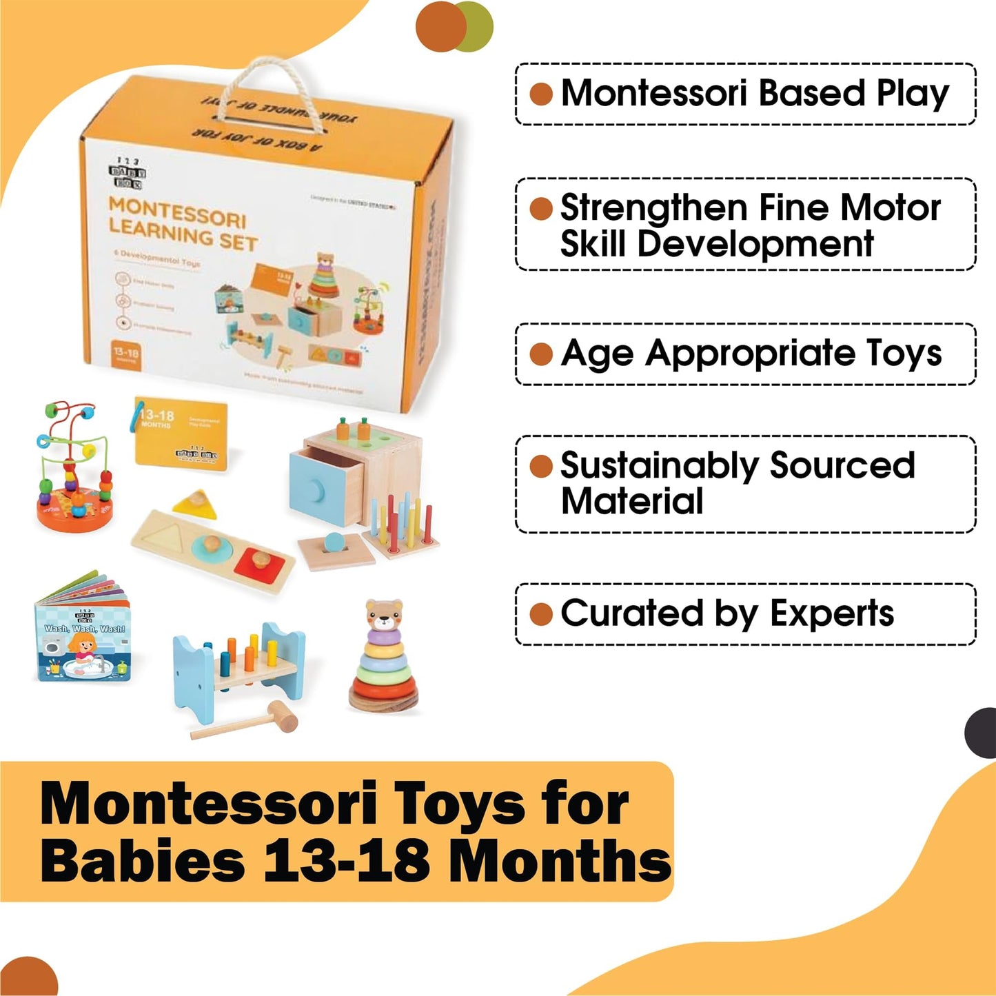 123 BABY BOX 6-in-1 Montessori Learning Toys for 13-18 Months - Toddler Developmental Activity Set with Bear Tower, Pound Bench, Beads Coaster & More Educational Wooden Toys