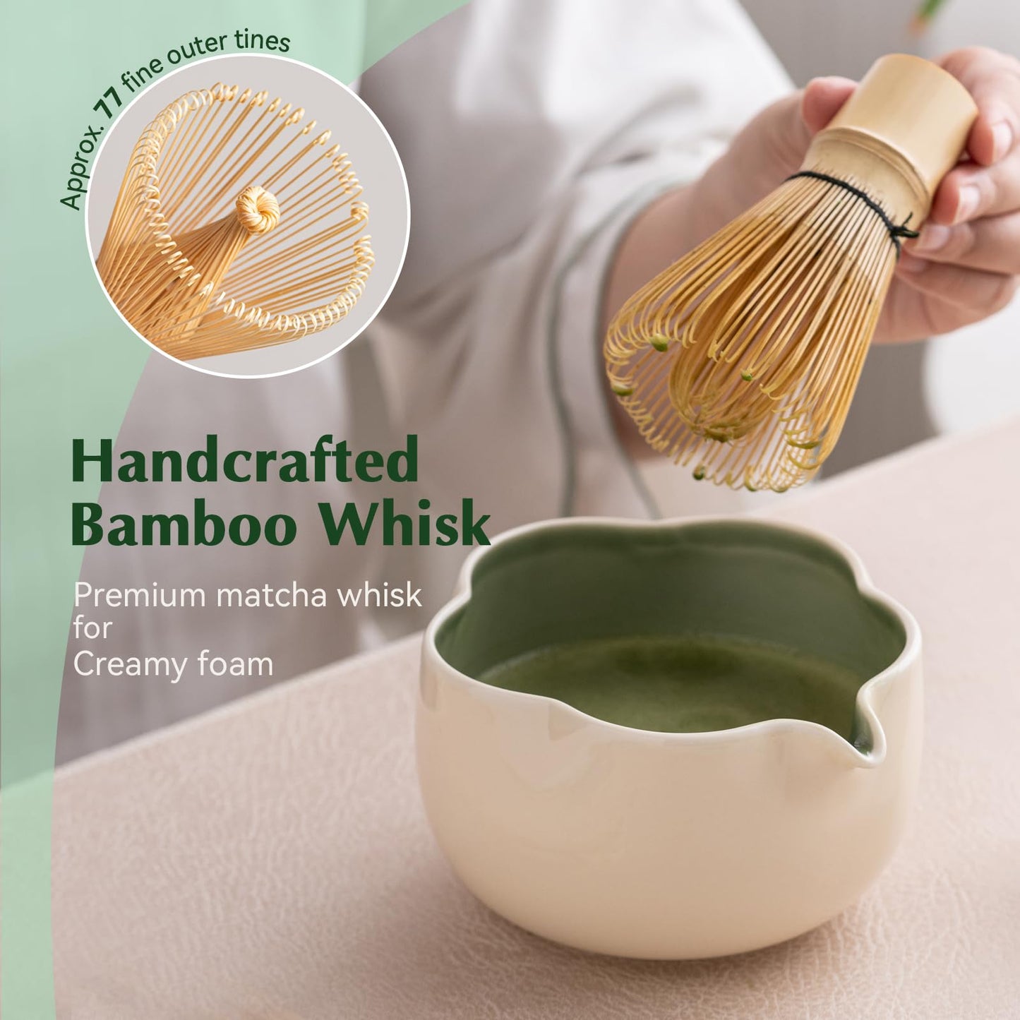 ChaseWind Matcha Set, 8Pcs Floral Ceramic Matcha Kit with Matcha Whisk, Holder, Scoop, Scoop Rest, Sifter, Spoon and Tea Towel - Thoughtful Matcha Whisk Set Gift for Matcha Lovers (Beige & Green)