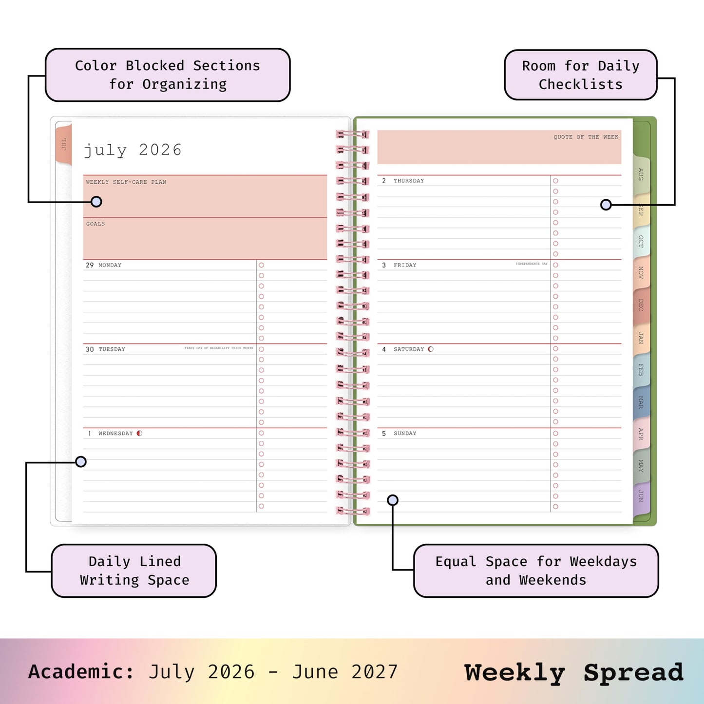 Blue Sky WAAV 2026-2027 Weekly and Monthly Academic Year Planner Calendar, July 2026 - June 2027, 5.875" x 8.625", Flexible Cover, Wirebound, Laminated Tabs, Storage Pocket, Includes 20 Extra Notes Pages, Michelle