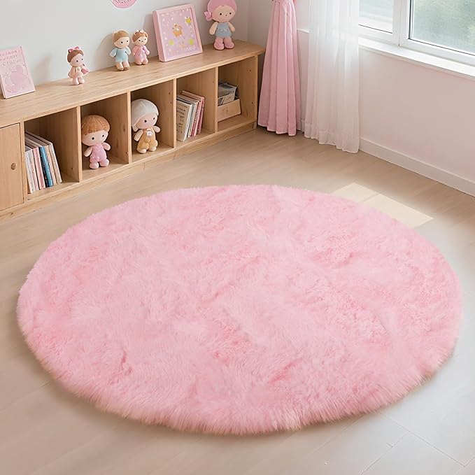 yulidayang Pink Fluffy Round Area Rugs for Bedroom,3ft Shag Circle Area Rugs for Girls Room,Non Slip Fuzzy Plush Rug for Kids Room Living Room and Dorm Home Decor Rug