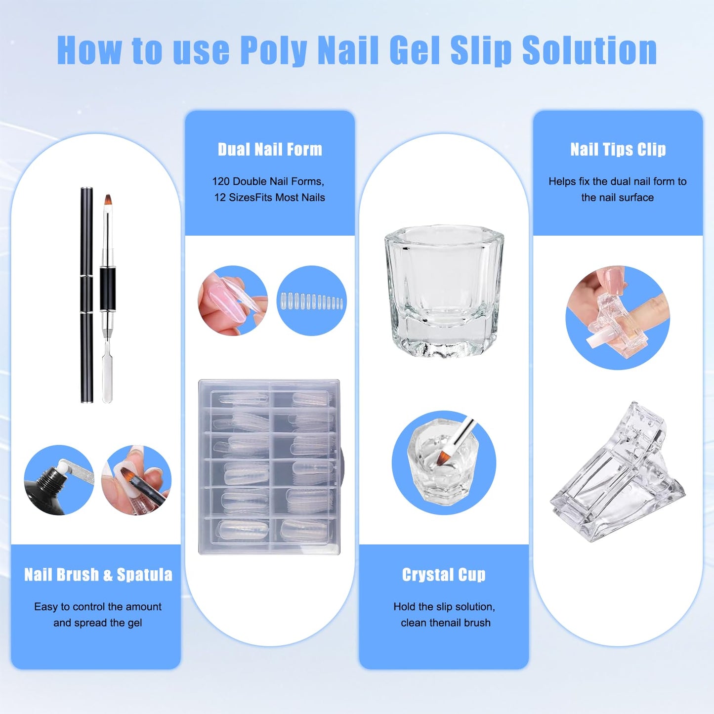 Poly Gel Slip Solution Kit - 5oz Slip Solution for Nail Extensions with 120pcs Dual Forms, Nail Clips, Dual-Ended Brush & Crystal Cup - Beginner-Friendly DIY Nail Art Set for Women at Home