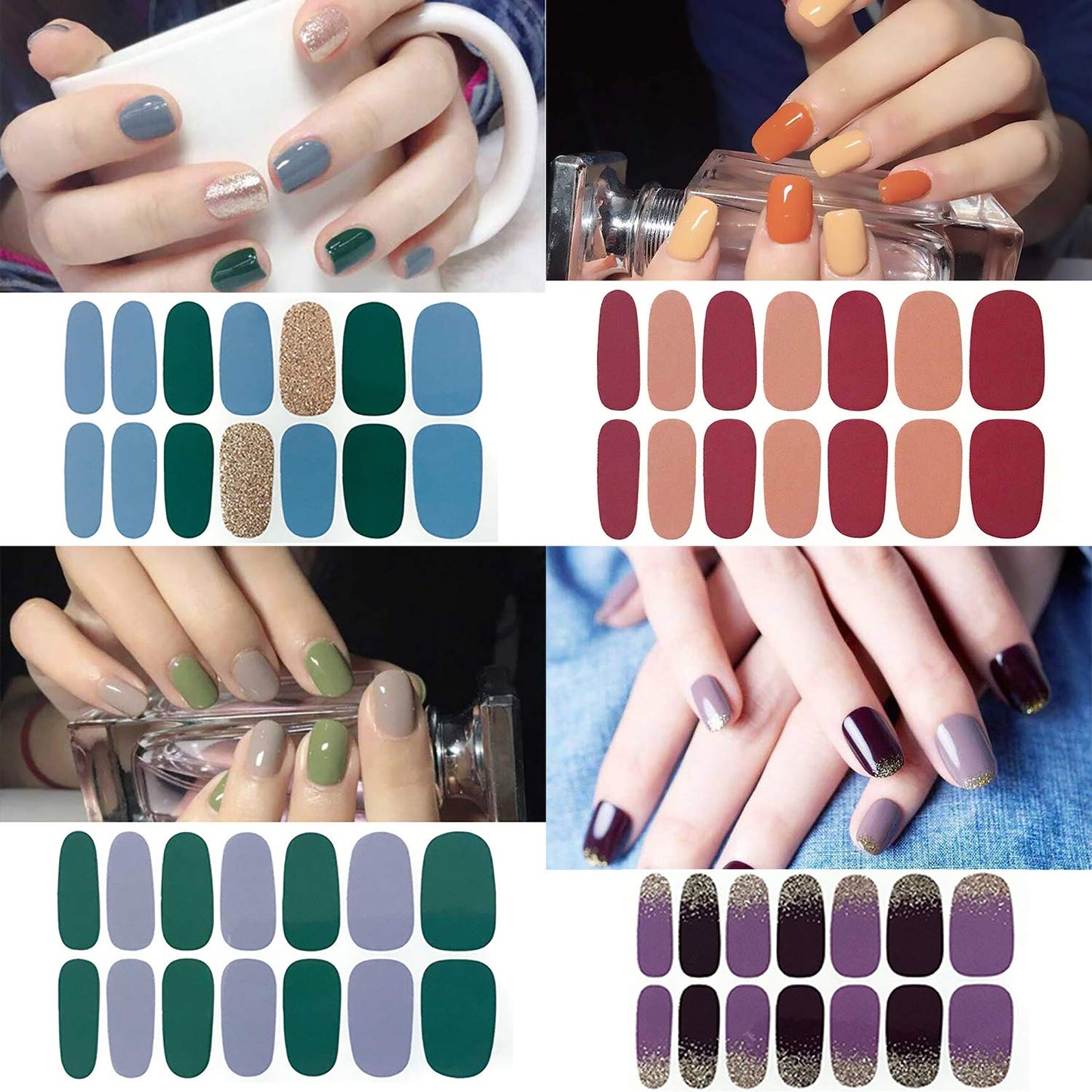 JERCLITY 24 Sheets Solid Color Nail Polish Strips Press On Nail Stickers Full Nail Wraps for Women