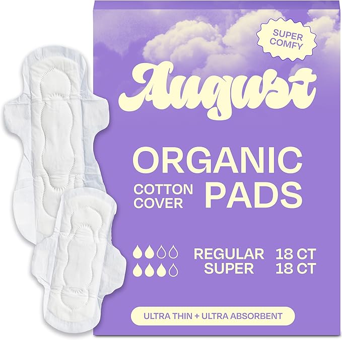 August Regular & Super Cotton Menstrual Pads, 36 (18+18) Ultra Thin Pads with Wings, Hypoallergenic Sanitary Napkins with Organic Cotton Topsheet, Compostable Wrapper, Non-Toxic, Fragrance-Free