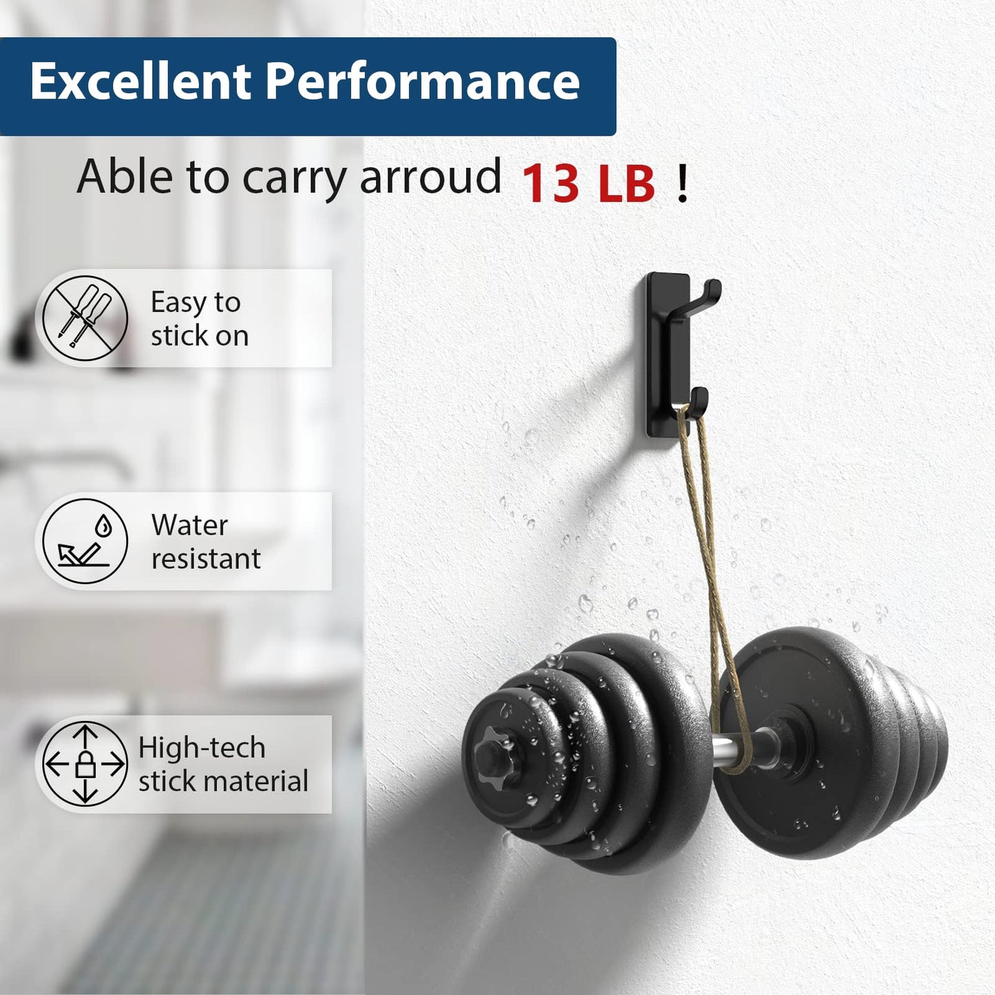 pickpiff 12 Pack Wall Hooks for Coat and Towel: 13LB Adhesive Door Hanger Stick on, Black