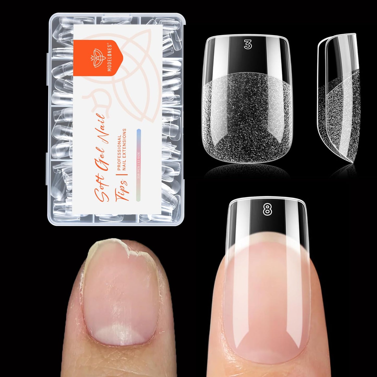 modelones Short Square Nail Tips, Pre-shaped Soft Gel Tips Fake Nails False Acrylic Clear Full Cover Press on Extension Gel Kit Manicure DIY at Home 216PCS 12Sizes