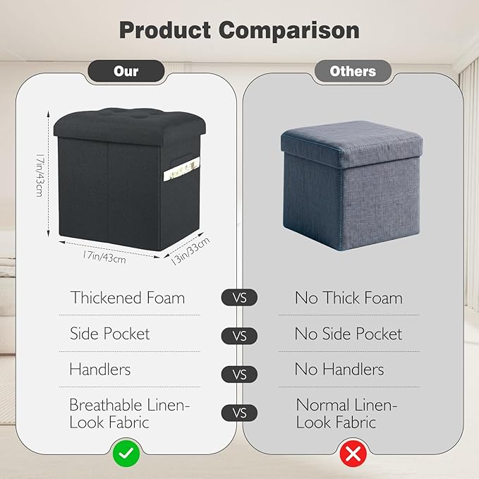 Storage Ottoman Foot Rest with Thicker Foam Padded Seat. 61L Slim Tall Small Bench with Storage. Linen Folding Footstool Bench for Living Room, Bedroom. 350lbs Load Capacity, 17x13x17in, Gray Black