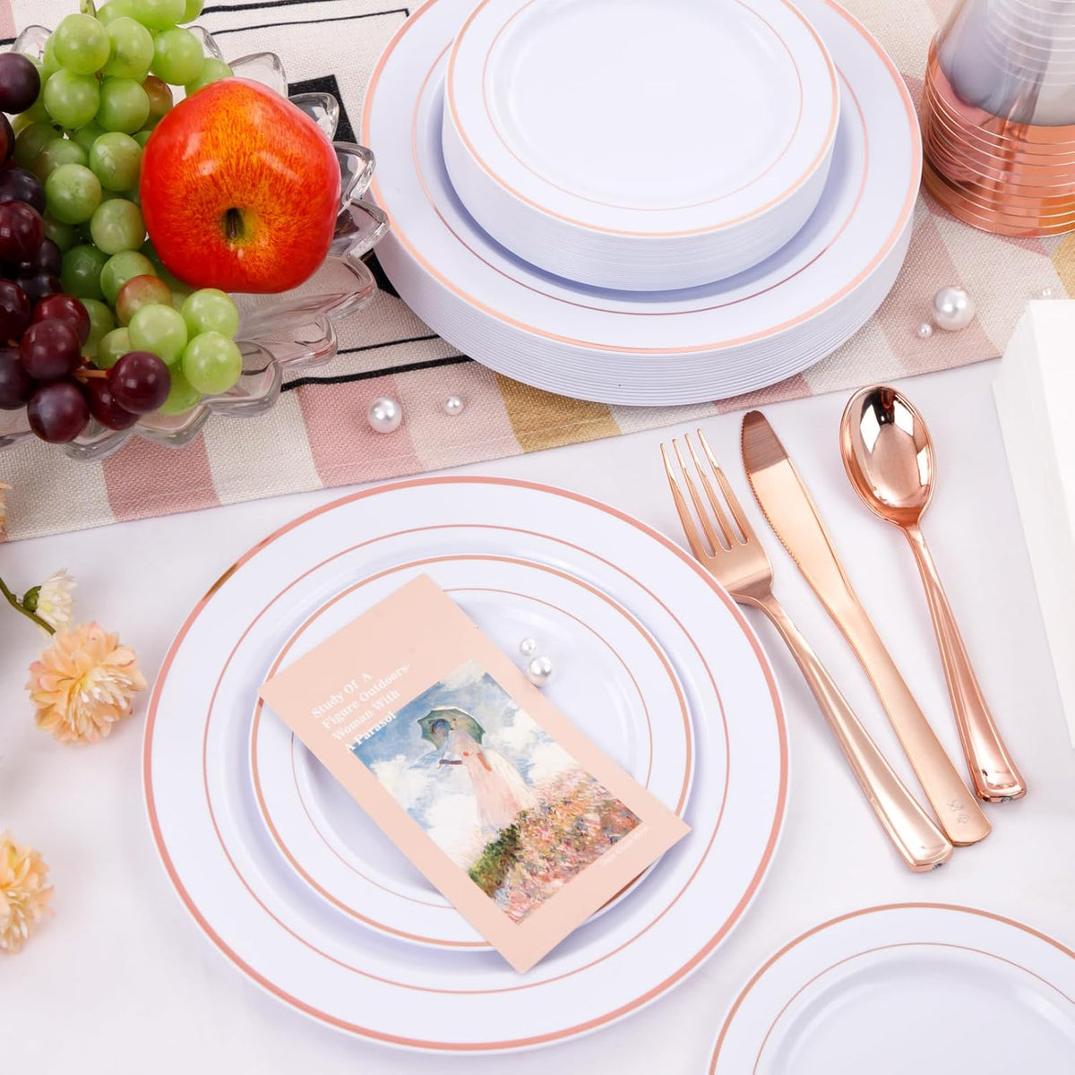 GATHER 350PCS Rose Gold Plastic Plates - Disposable Rose Gold Dinnerware Sets Includes 100 Gold Rimmed Plastic Plates, 150 Silverware, 50 Napkins, 50 Cups for Party, Wedding