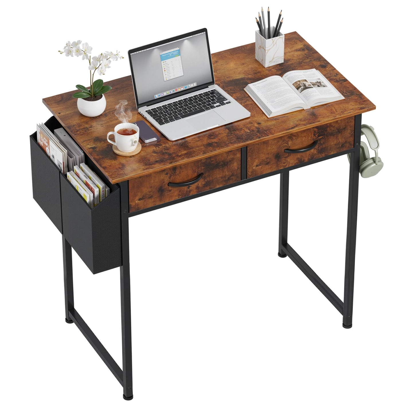 OLIXIS 32Inch Small Desk with Fabric Drawers for Home Office, Gaming Computer Desk with Side Bag, Headphone Hook Writing Study Work Table for Bedroom Small Sapce, Chic Brown