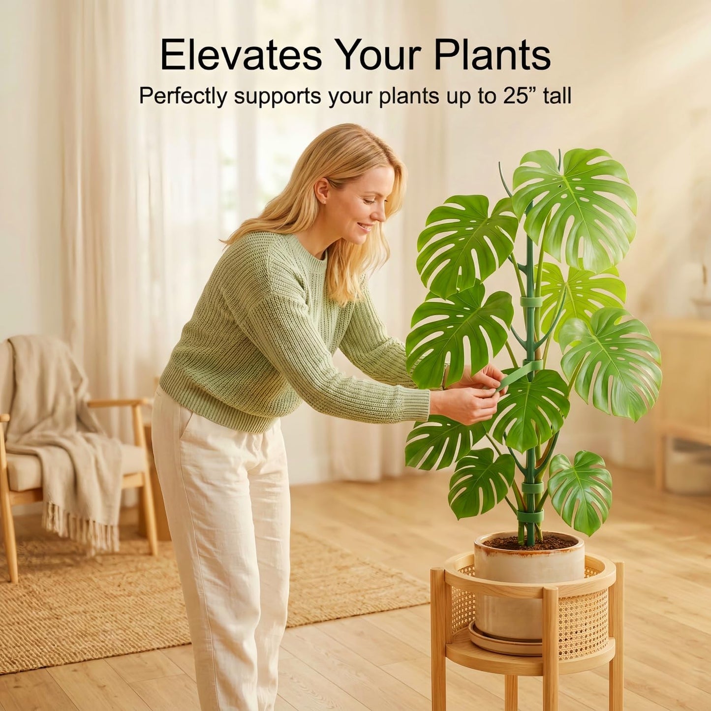 10-Pack Monstera Plant Support Stakes - Stackable Sticks for Indoor Plants up to 25" - Outdoor Garden Poles & Trellis with Tape & Twist Tie for Climbing Vines