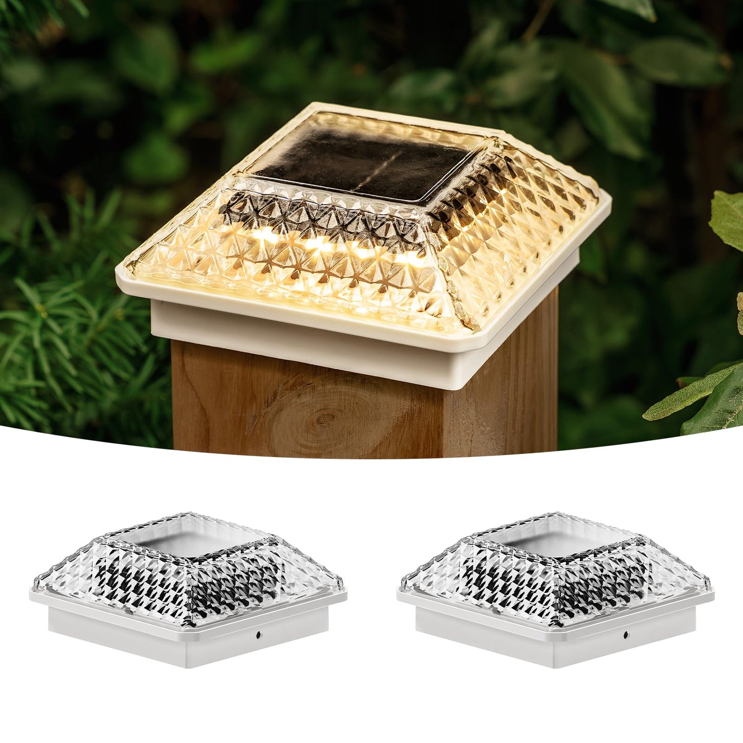 OPOIRA Glass Solar Post Cap Lights with Crystal Style - Decorative Deck Fence Lights for 4x4 5x5 Posts Hidden Solar Panel, Modular Design, 10Hr Runtime, IP65, Warm White, White, 2 Pack