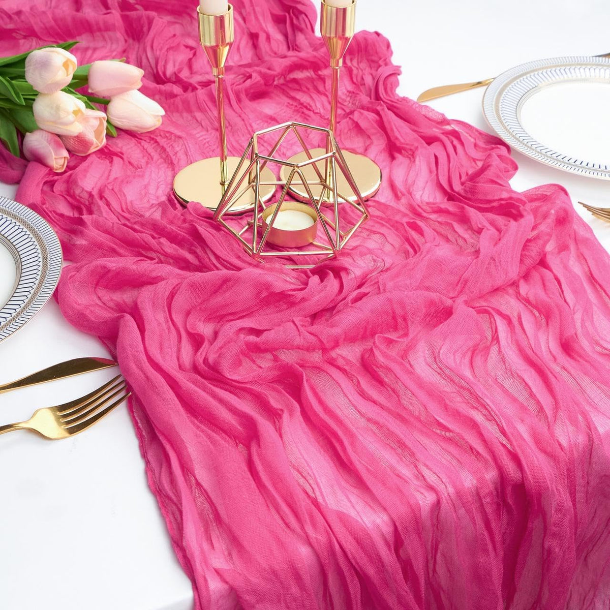 FEXIA Rose Red Table Runner 35x120 Inches for Baby Shower Decoration Gauze Rustic Table Runner for Wedding Party First Communion Centerpiece Engagement Bridal Shower Boho Decoration
