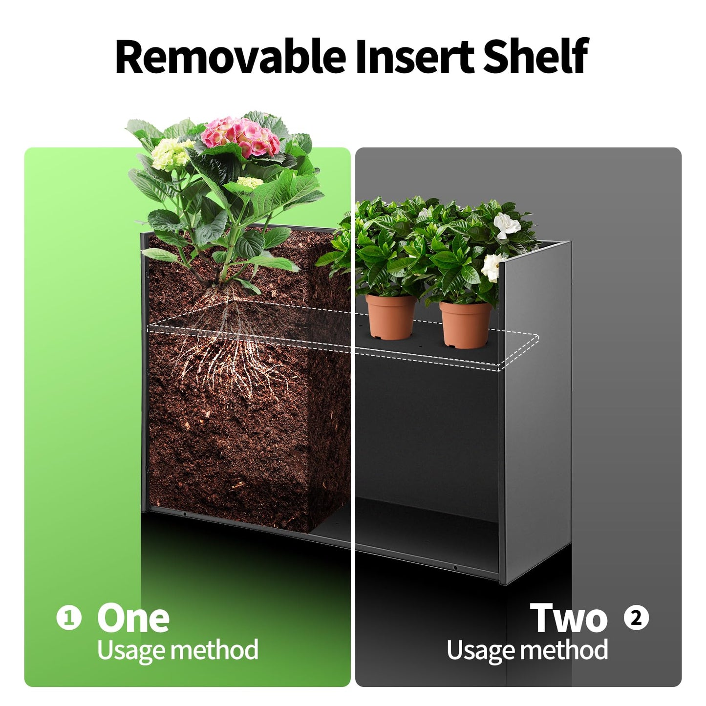 Leomru Metal Planter Box 36"x12"x26", Large Rectangular Planter for Outdoor Plants - Heavy Duty Tall Planter Box with Removable Insert Shelf & 4 Drainage Holes Outdoor Planter for Porch/Patio/Garden