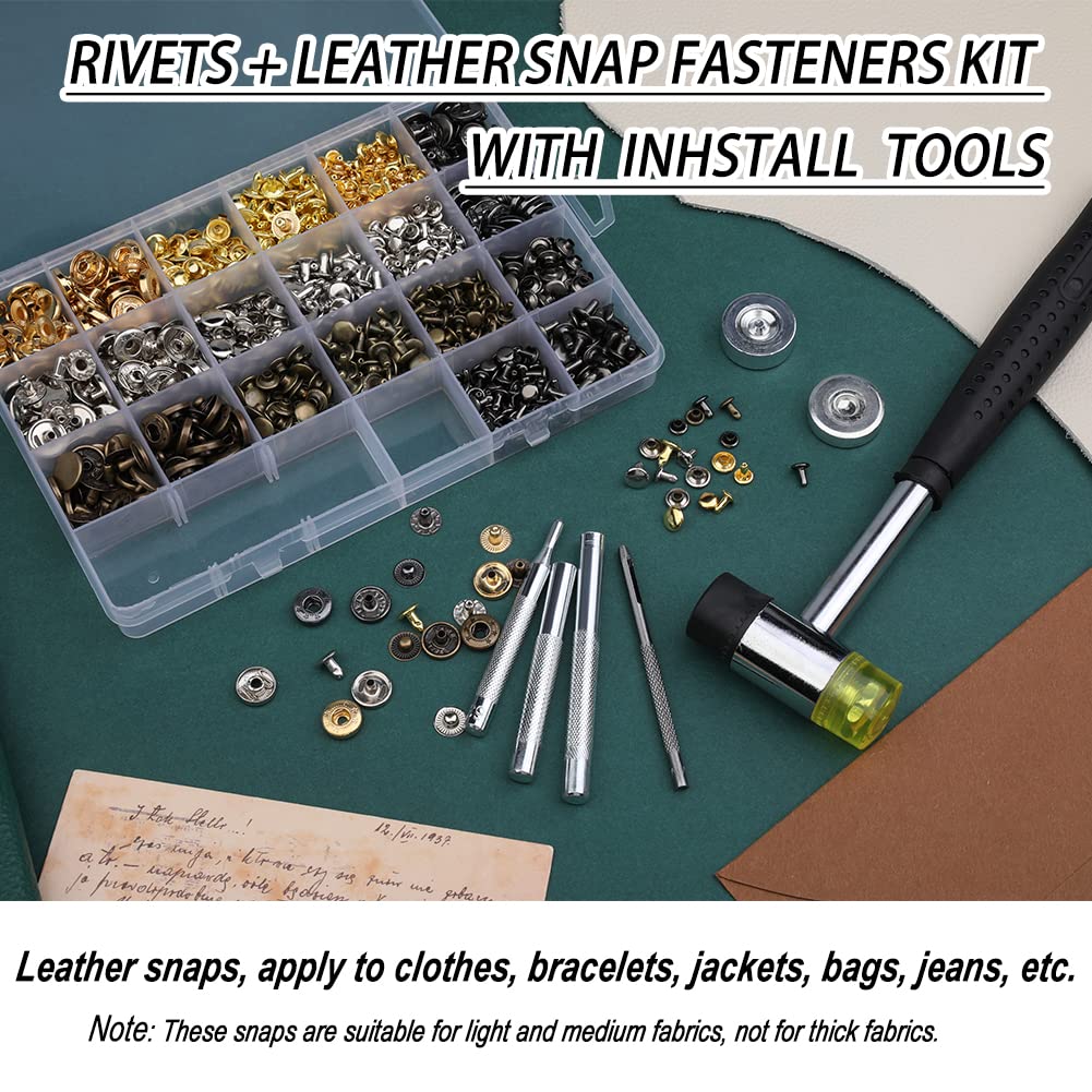 Yizzvb 320 Pcs Leather Rivets Kit, 60 Pcs Leather Snap Fasteners, 2 Size Double Cap Rivets Tubular, Double-Sided Nylon Hammer Fixing Tool Kit, Installation Tools for DIY Projects, Shoes and Repair