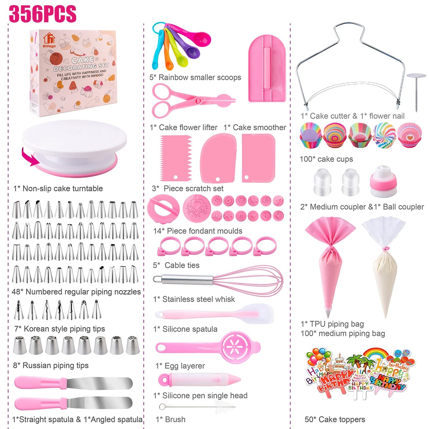 Cake Decorating Supplies Kit Tools 356pcs, Nifogo Baking Accessories with Cake Turntable, Pastry Piping Bag, Piping Icing Tips for Beginners