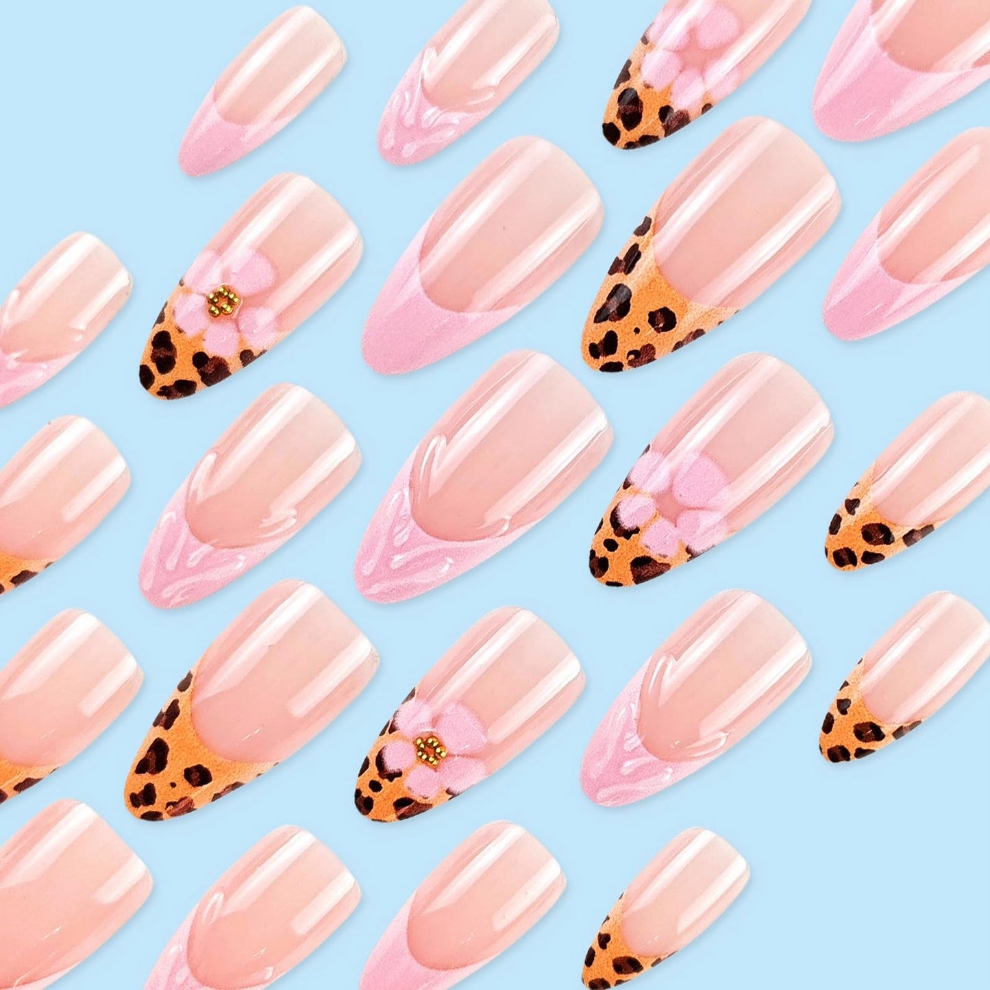 MISUD Press on Nails - Medium Almond Glue on Nails with Cheetah French Tip, Acrylic Pink Flower Design 24 pcs