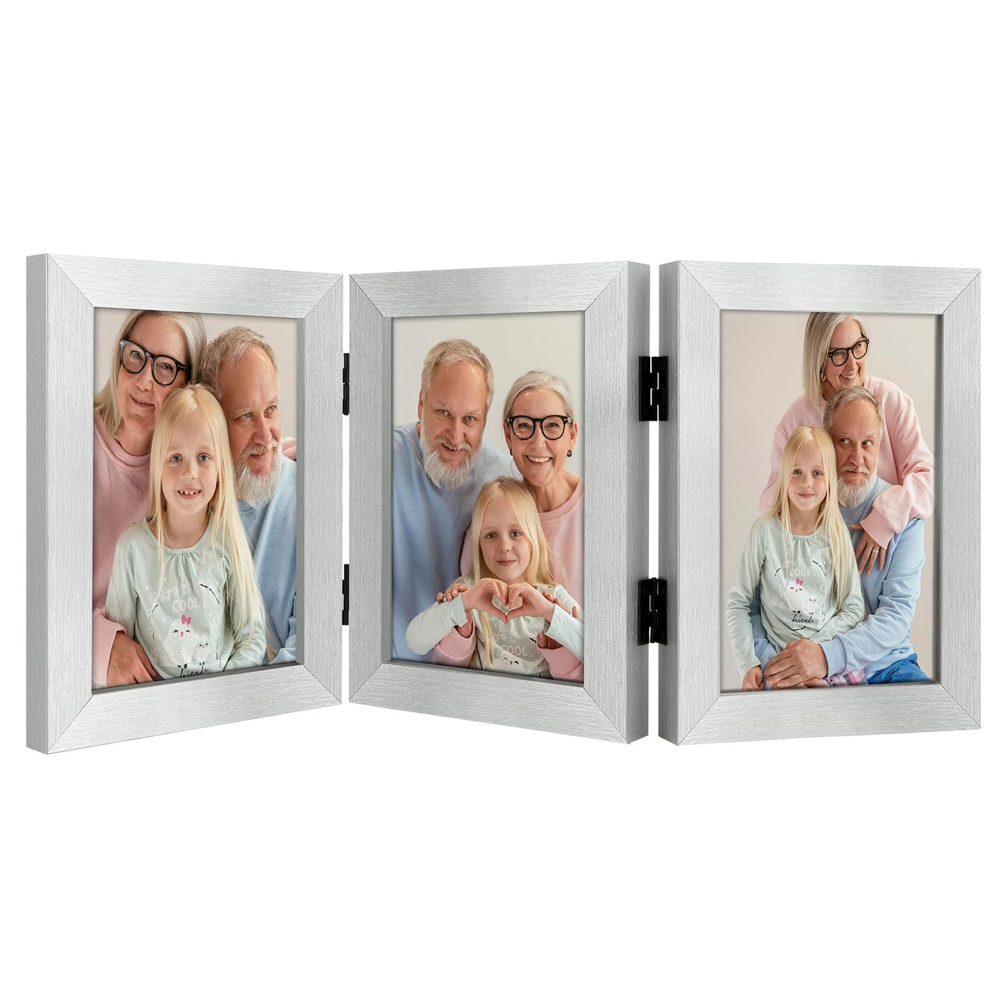 Frametory, 5x7 Triple Picture Frames 3 Photo Frames Collage - Real Glass - Engineered Wood Triple Folding Frame - Tabletop Vertical Display (Silver, 1 Pack)
