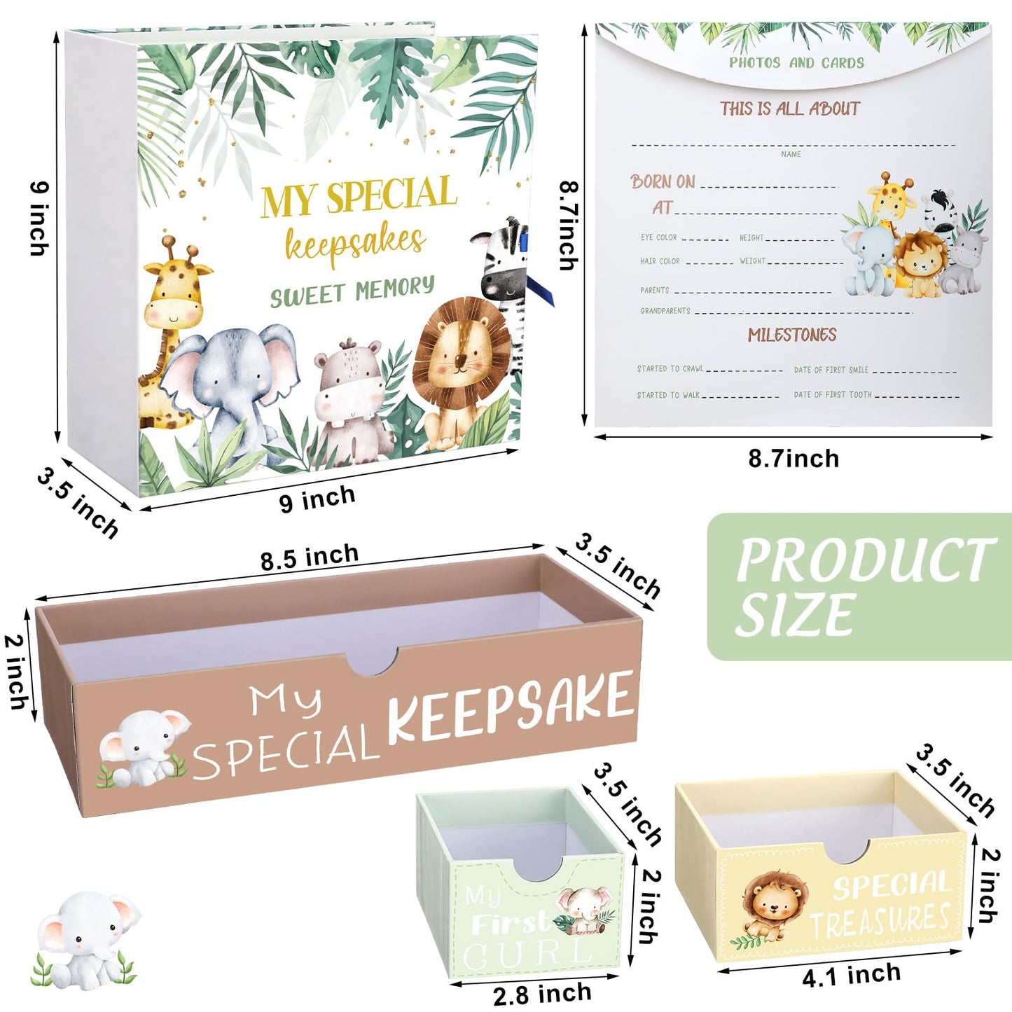 Beeveer Baby Keepsake Box Newborn Memory Organizer with 9 Labeled Compartments First Keepsake Book Gift Box for Pregnancy Mother"s Day Baby Shower New Maternity (Green,Jungle Animal)