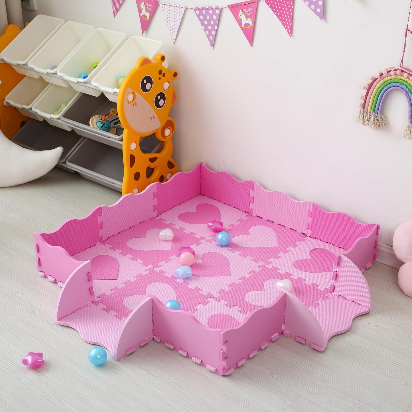 Tamiplay Foam Play Mat for Kids, 25pcs Square Interlocking Puzzle Floor Mat, Baby Toddler Playmat with Fence - Pink Heart