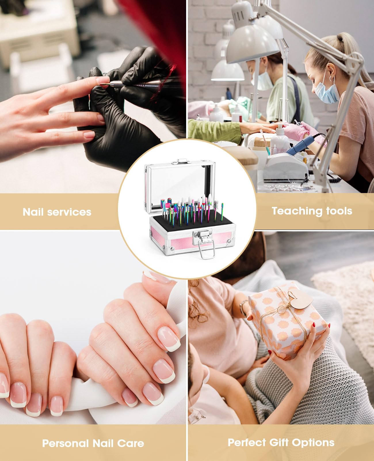 Onism 30Pcs Nail Drill Bits Set, 3/32" Tungsten Carbide Ceramic Quartz Kit with 75 Sanding Bands (#80/120/180), 40-Slot Expandable Organizer Box for Acrylic Gel Removal & Prep, Pink