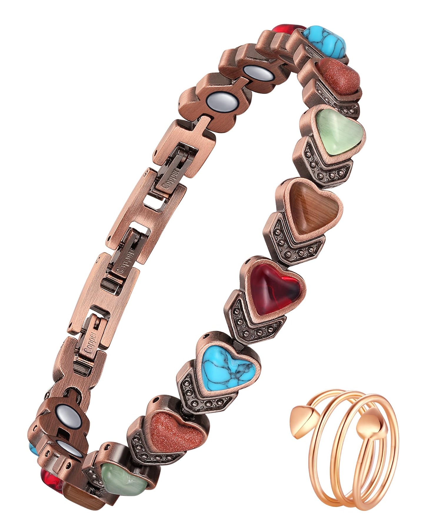 Jecanori Copper Bracelets & Ring for Women,Magnetic Bracelets for Women with 3800 Gauss Ultra Magnets and Sizing Tool